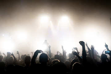 crowd of people dancing at concert - obrazy, fototapety, plakaty