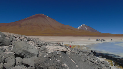 Laguna Blanca, and in the background the Licancabur volcano on the Bolivian highlands in Potosi