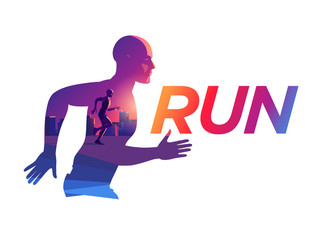 Vector illustration silhouette of a running male athlete marathon on a background of cityscape.  The dynamics of movement and color, picture in picture. Symbol logo for running event marathon.