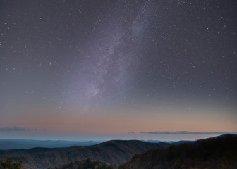 Fototapeta na wymiar Long exposure in Blue Ridge Parkway with Milky Way in the horizon after the blue hour