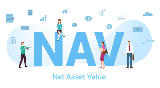 Nav Net Asset Value Concept With Big Word Or Text And Team People With Modern Flat Style - Vector