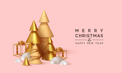 Christmas 3D render illustrations. Composition from golden metallic pine, spruce trees. cubic hollow gifts box, white snow drifts. New Year cone shape trees. Xmas background, realistic objects design. - obrazy, fototapety, plakaty