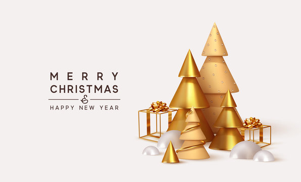 Christmas 3D render illustrations. Composition from golden metallic pine, spruce trees. cubic hollow gifts box, white snow drifts. New Year cone shape trees. Xmas background, realistic objects design.
