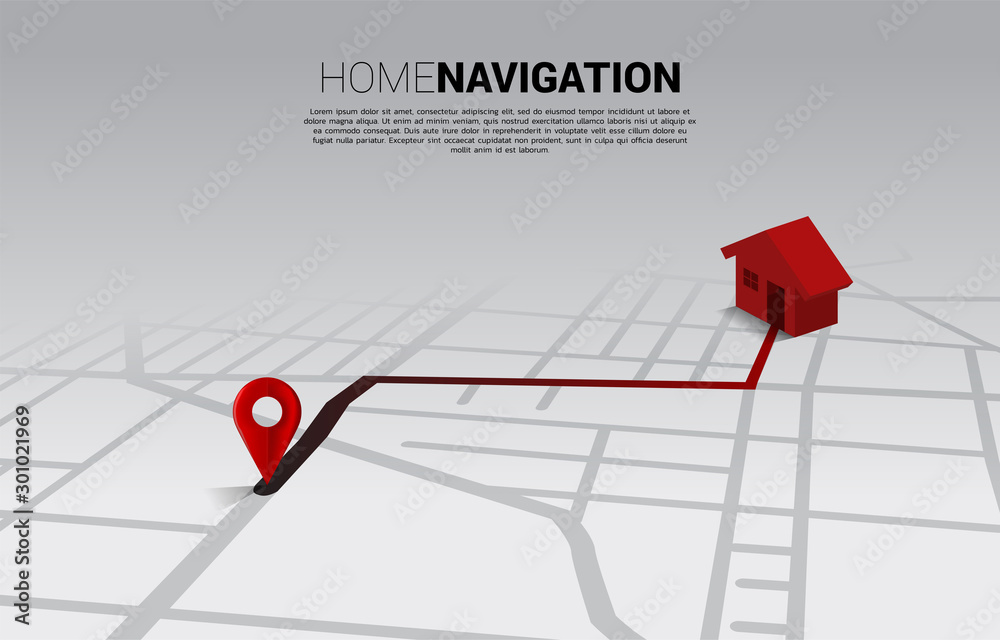 Poster route between 3d location pin markers and home icon on city road map. concept for gps navigation sys
