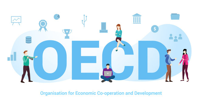 oecd organisation of economic co-operation and development concept with big word or text and team people with modern flat style - vector