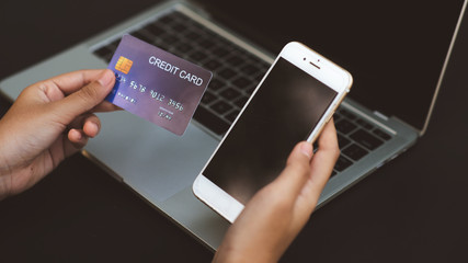 Online shopping, payment at the store, credit card, concept