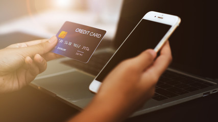 Online shopping, payment at the store, credit card, concept