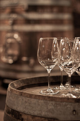 Glass of wine in the wine cellar