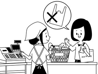 スーパーでビニールレジ袋を断る女性-白黒