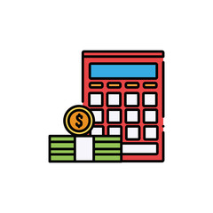 Isolated coin bills and calculator flat and line design