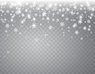 Snow flakes falling isolated on transparent background. Vector christmas snowfall overlay texture, white snowflakes flying in winter air.