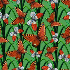 Summer flower seamless pattern with butterflies. Acrylic botanical background.