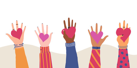 Vector trendy illustration with different hands holding heart. Concept of giving and sharing love to people, volunteering, charity, cooperation