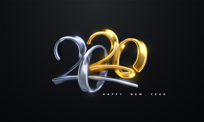 Happy New 2020 Year. Holiday vector illustration of golden and silver metallic calligraphic numbers 2020. Realistic 3d sign. Festive poster or banner design. Modern lettering composition. Jewelry logo