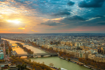 Fototapeta na wymiar View to the city and Seine River from the Eiffel Tower, Paris, France