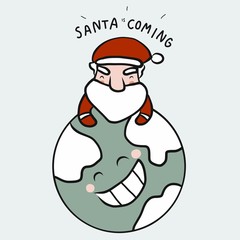 Santa is coming hugging smile earth cartoon vector illustration cute doodle style