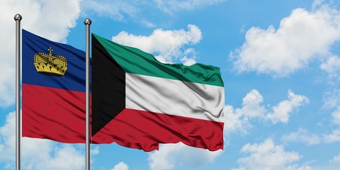 Liechtenstein and Kuwait flag waving in the wind against white cloudy blue sky together. Diplomacy concept, international relations.