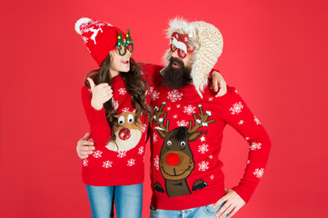 Funny style. Family wear winter sweaters. Having fun. Christmas memories. Happy family. Small girl and cheerful father man. Family values. Dad and daughter celebrate new year. Family holiday