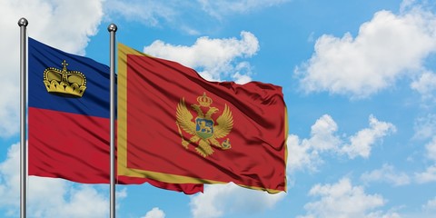 Liechtenstein and Montenegro flag waving in the wind against white cloudy blue sky together. Diplomacy concept, international relations.