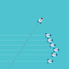 Different Approach - Different Direction. Group of rockets flying in one direction and with one individual flying in the different way, can be used leadership/individuality concepts. 