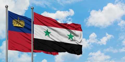Liechtenstein and Syria flag waving in the wind against white cloudy blue sky together. Diplomacy concept, international relations.