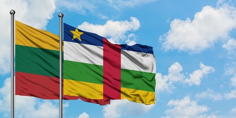 Lithuania and Central African Republic flag waving in the wind against white cloudy blue sky together. Diplomacy concept, international relations.