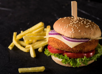 Fresh burger on black background with copy space