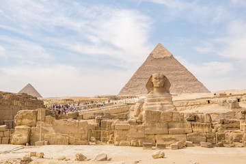 The ancient Egyptian Pyramid of Khufu with ruins, tombs and monuments in Giza, Cairo, Egypt