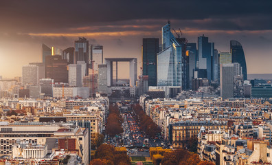 La Defense Financial District Paris France at sunset in autumn. Famous touristic places in Europe. European city travel concept.