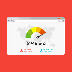 Web browser with speedometer desktop version. Website speed loading time. Vector stock illustration.