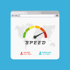 Site Speed Test Concept Fast or Slow loading page tablet version. Web browser with speedometer Vector illustration