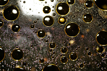 Golden oil bubbles macro on water black background with bokeh fifty megapixels prints