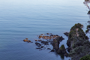 Minimalist view of deep blue water in shady corner of Sandy Bay, Northland, NZ. Rocky reef with kelp at high tide. Mysterious look, could be remote island. Copy space available for text. Clean ocean