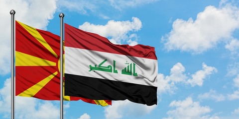 Macedonia and Iraq flag waving in the wind against white cloudy blue sky together. Diplomacy concept, international relations.