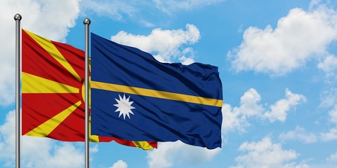 Macedonia and Nauru flag waving in the wind against white cloudy blue sky together. Diplomacy concept, international relations.