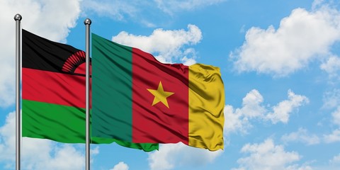 Malawi and Cameroon flag waving in the wind against white cloudy blue sky together. Diplomacy concept, international relations.