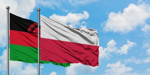 Malawi and Poland flag waving in the wind against white cloudy blue sky together. Diplomacy concept, international relations.