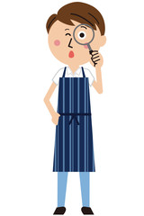 ポップなエプロンを着た男性が虫眼鏡