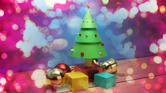 Christmas tree on wood table 3d rendering image for christmas celebration content.