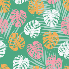 Beautifull tropical flowers and leaves seamless pattern design