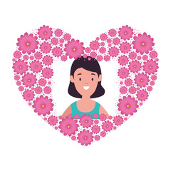 head woman in heart shape frame of flowers vector illustration design