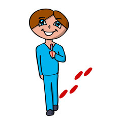 a creepy surgeon smiling with a scalpel goes for an operation. bloody trail. isolated cartoon vector illustration