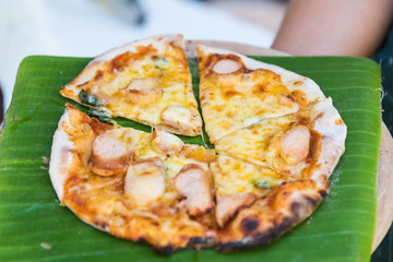 Making homemade pizza Traditional way baked wood fired oven Italian pizza