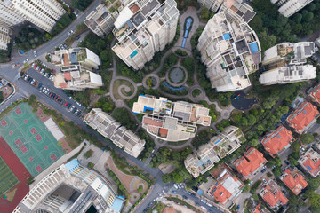 Aerial view top view of urban community high-rise residential complex