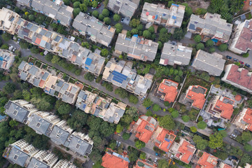 Aerial shot European style red and grey roof landscape top view