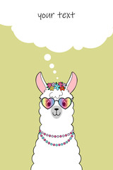 Cute cartoon llama wearing heart-shaped glasses and necklace. Greeting card or invitation template with place for text. Hand drawn illustration