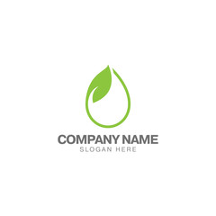 Green water drop logo, blue water drop and green leaf vector design template