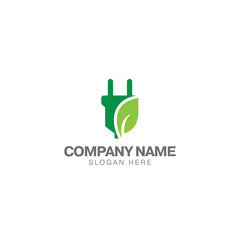 Fototapeta premium Green energy logo, electric plug and green leaf vector design template