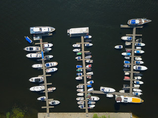 Aerial top view of boats in marina