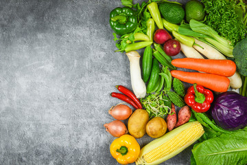 Assorted fresh ripe fruit red yellow purple and green vegetables mixed selection various / vegetables and fruits background healthy food clean eating for sale in the market